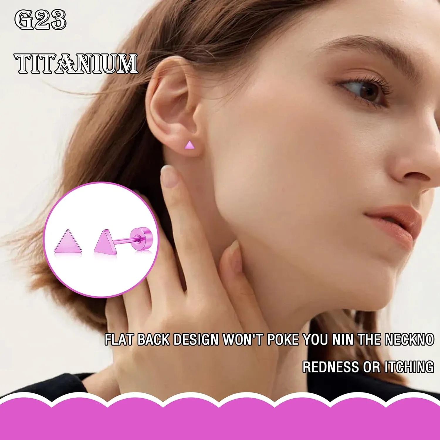 ZDE Women Flat Back Triangle Earrings Non-Nickel Earrings Titanium Hypoallergenic Cartilage Earrings Stud for Sensitive Ears Simple Classic 5mm Flat Stud Earrings