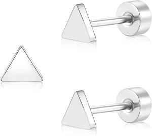 ZDE Women Flat Back Triangle Earrings Non-Nickel Earrings Titanium Hypoallergenic Cartilage Earrings Stud for Sensitive Ears Simple Classic 5mm Flat Stud Earrings