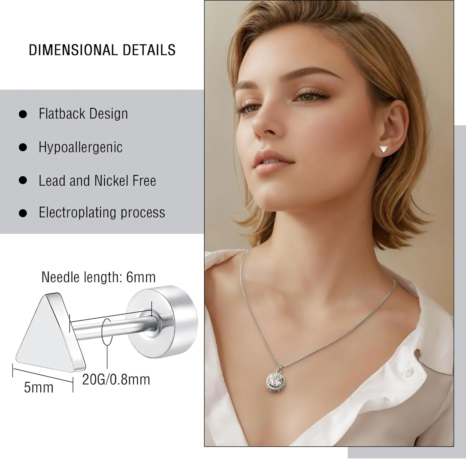 ZDE Women Flat Back Triangle Earrings Non-Nickel Earrings Titanium Hypoallergenic Cartilage Earrings Stud for Sensitive Ears Simple Classic 5mm Flat Stud Earrings