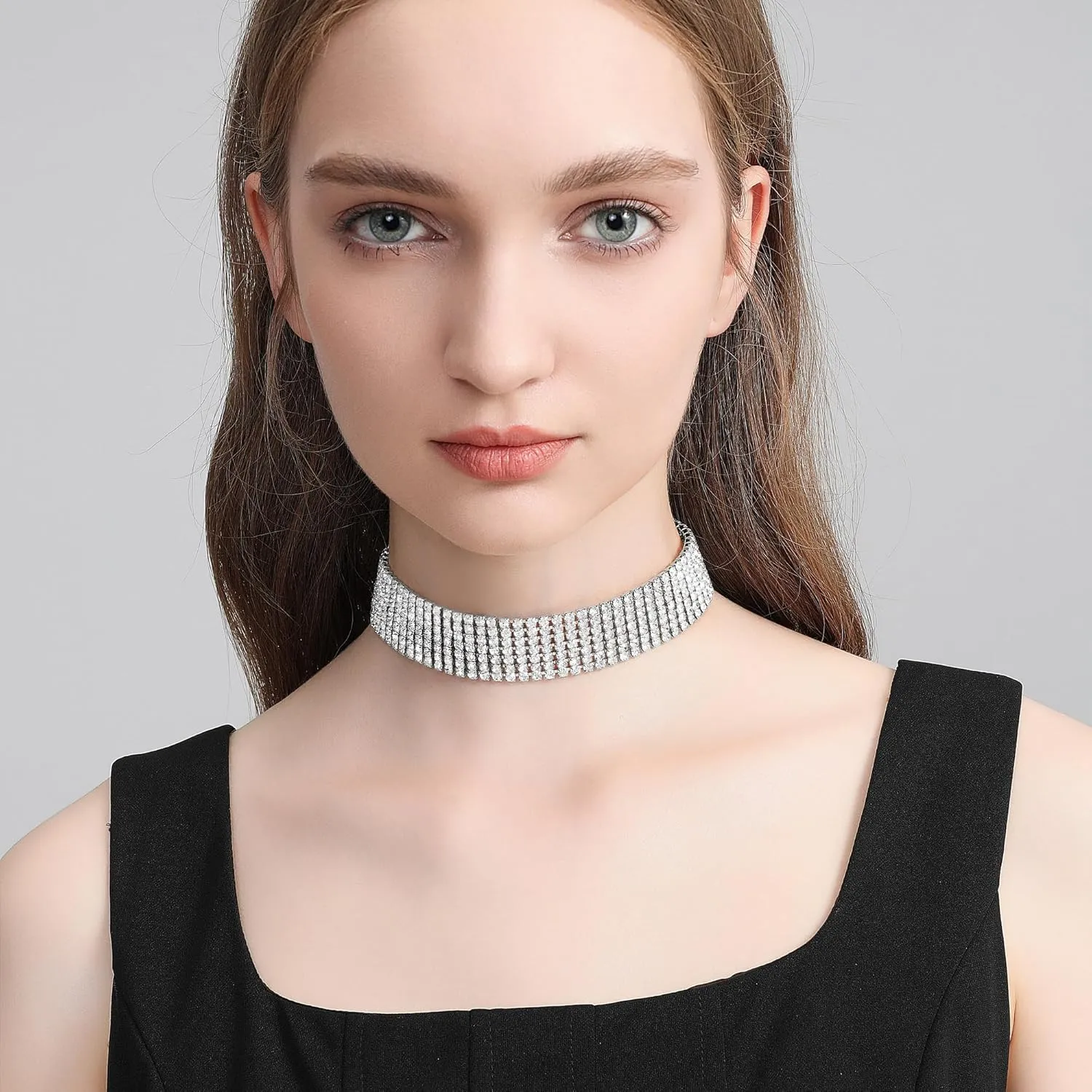 Zealmer Rhinestone Choker Necklaces Silver Sparkling Diamond Choker Crystal Rhinestone Glitter Necklace Gold Plated Jewelry Gifts for Women Bridal Wedding Bridesmaid