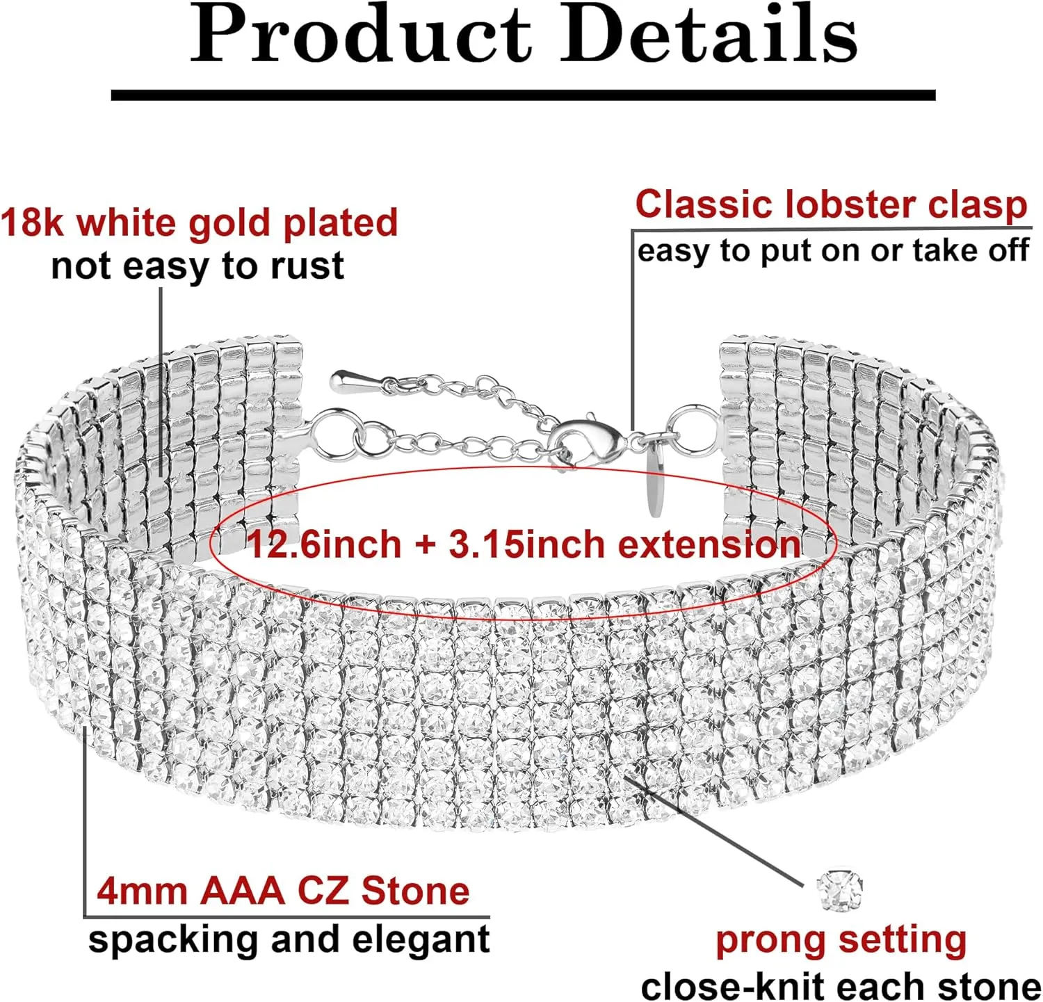 Zealmer Rhinestone Choker Necklaces Silver Sparkling Diamond Choker Crystal Rhinestone Glitter Necklace Gold Plated Jewelry Gifts for Women Bridal Wedding Bridesmaid