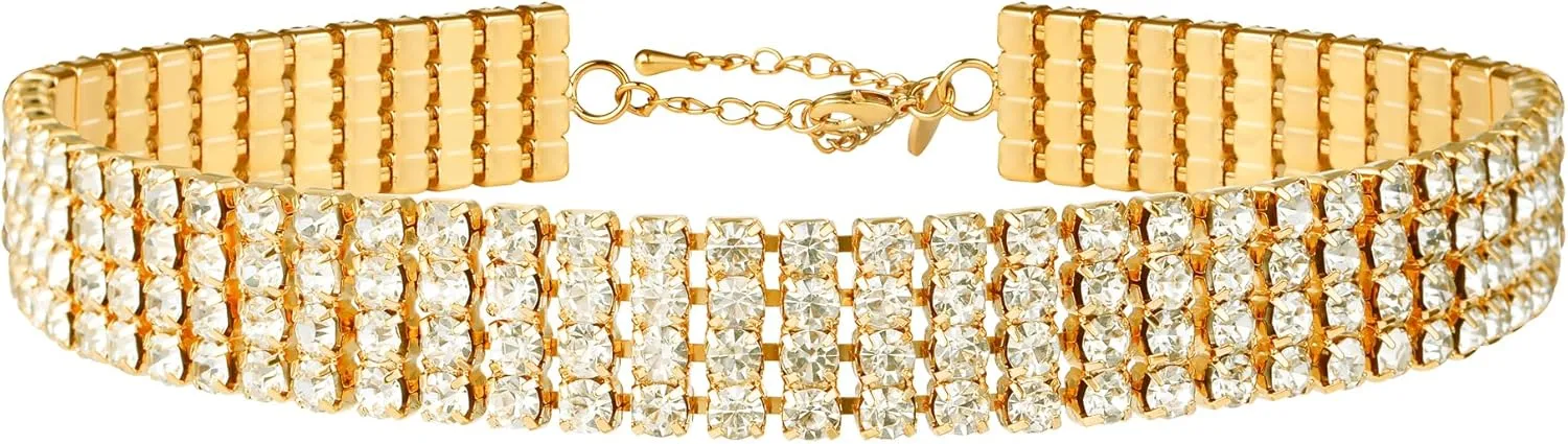 Zealmer Rhinestone Choker Necklaces Silver Sparkling Diamond Choker Crystal Rhinestone Glitter Necklace Gold Plated Jewelry Gifts for Women Bridal Wedding Bridesmaid