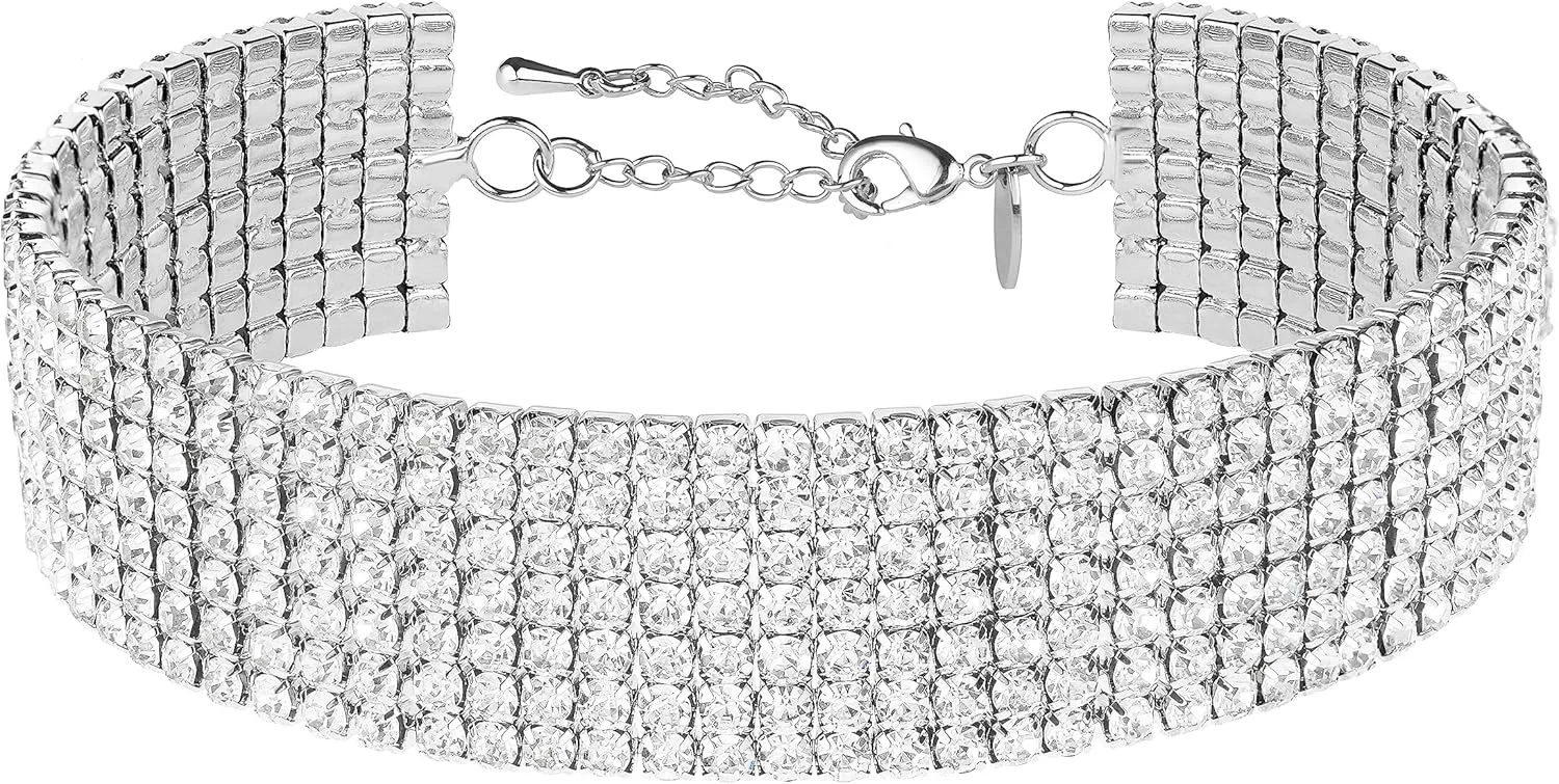 Zealmer Rhinestone Choker Necklaces Silver Sparkling Diamond Choker Crystal Rhinestone Glitter Necklace Gold Plated Jewelry Gifts for Women Bridal Wedding Bridesmaid
