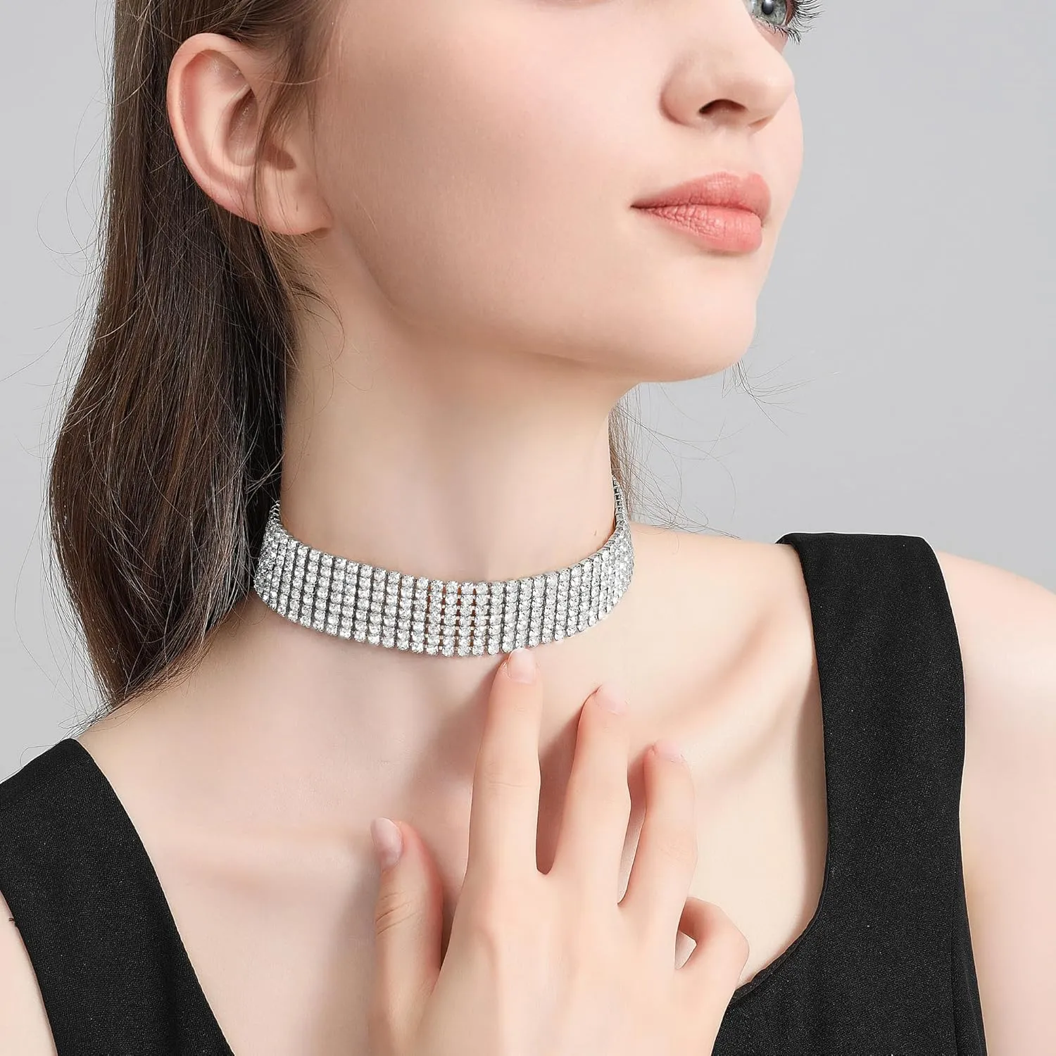 Zealmer Rhinestone Choker Necklaces Silver Sparkling Diamond Choker Crystal Rhinestone Glitter Necklace Gold Plated Jewelry Gifts for Women Bridal Wedding Bridesmaid