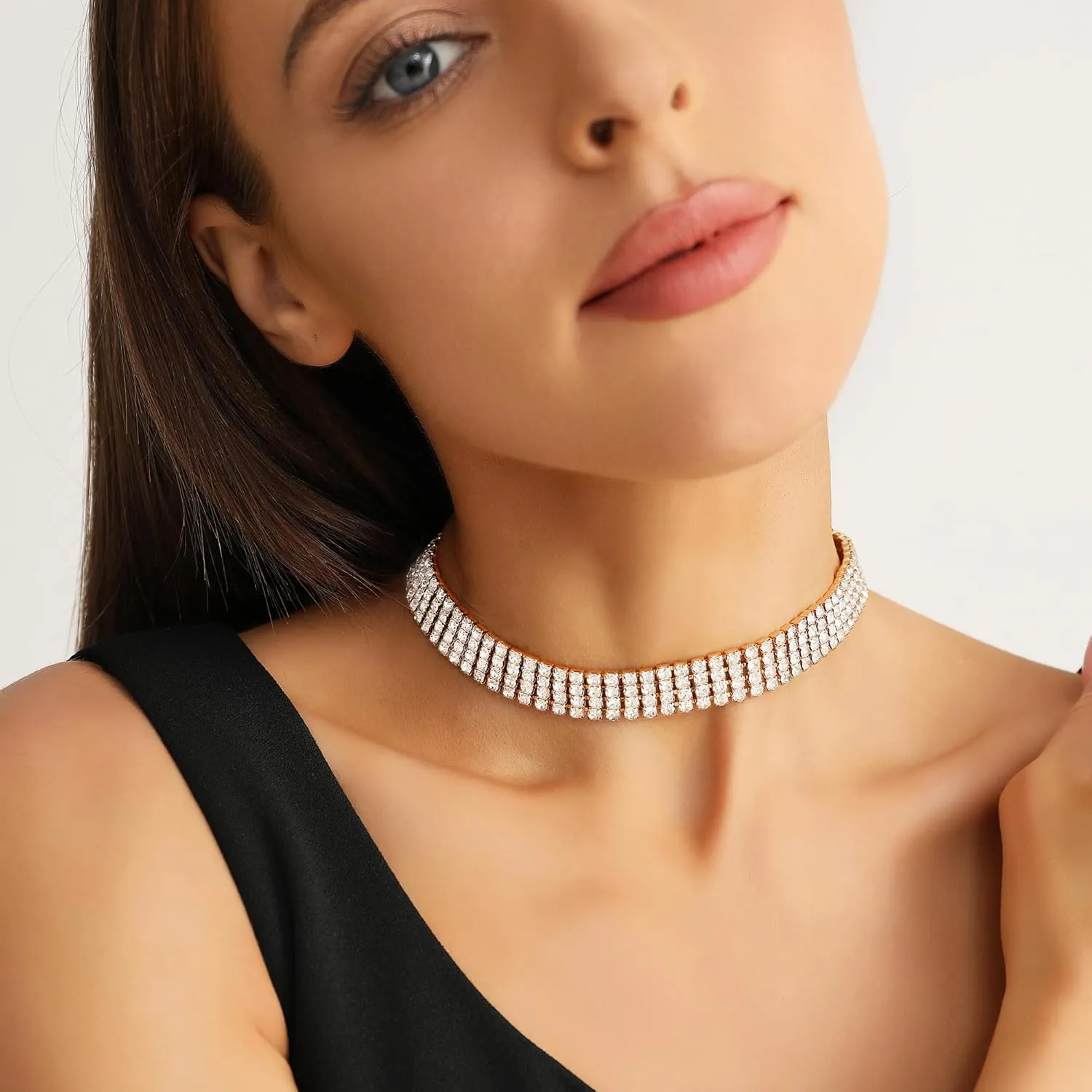 Zealmer Rhinestone Choker Necklaces Silver Sparkling Diamond Choker Crystal Rhinestone Glitter Necklace Gold Plated Jewelry Gifts for Women Bridal Wedding Bridesmaid