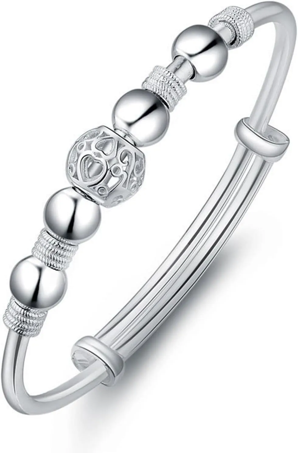 ZHOUYF Beads Bracelet for Women, 925 Silver Bangle Bracelets Mother's Day Gift Fashion Simple Adjustable Jewelry Open Cuff Bracelets for Wife Valentine Friendship Wife Gift