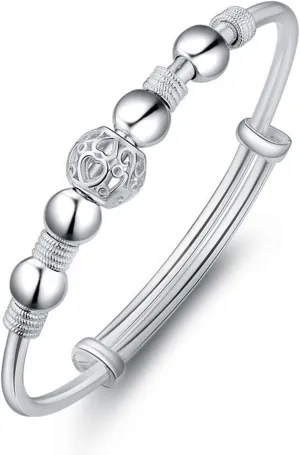 ZHOUYF Beads Bracelet for Women, 925 Silver Bangle Bracelets Mother's Day Gift Fashion Simple Adjustable Jewelry Open Cuff Bracelets for Wife Valentine Friendship Wife Gift