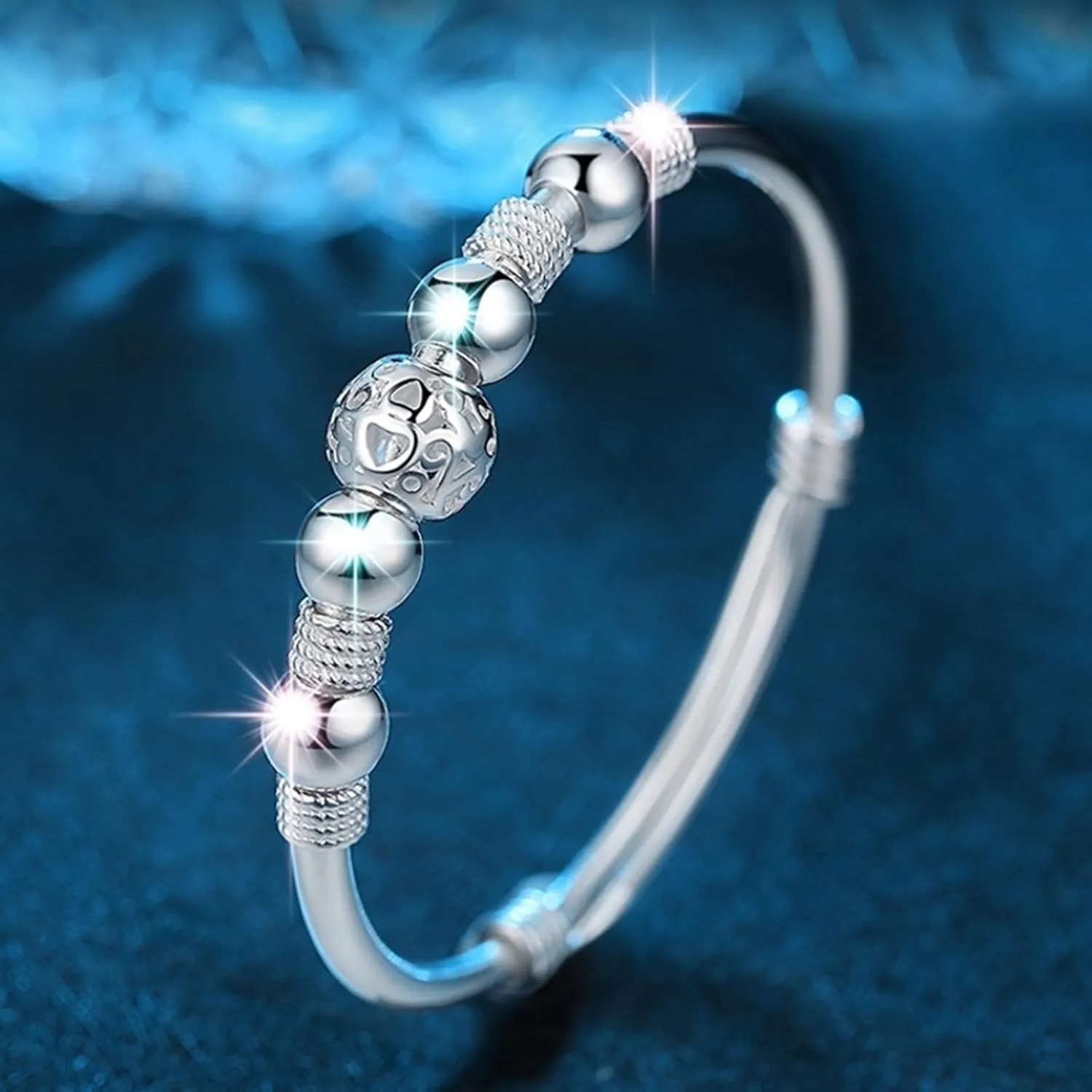 ZHOUYF Beads Bracelet for Women, 925 Silver Bangle Bracelets Mother's Day Gift Fashion Simple Adjustable Jewelry Open Cuff Bracelets for Wife Valentine Friendship Wife Gift