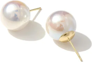 ZLP Big Pearl Earrings for Women, Oversize 14/12/10mm Classic Round Strong Light Simulated Shell Pearl Earrings 14K Gold Plated Sterling Silver Stud