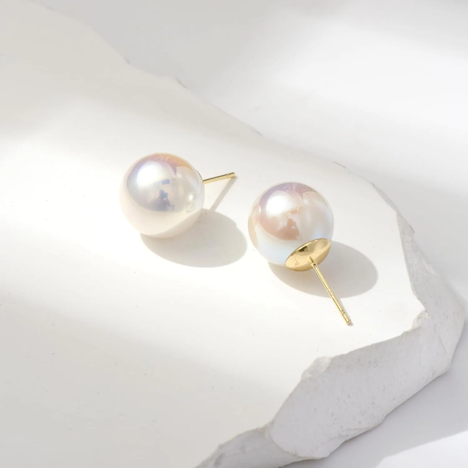 ZLP Big Pearl Earrings for Women, Oversize 14/12/10mm Classic Round Strong Light Simulated Shell Pearl Earrings 14K Gold Plated Sterling Silver Stud
